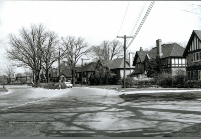 Riverside Drive - This 1953 photograph, looking north, shows the island which still exists just south of Riverside Crescent and some of the homes developed as part of the Riverside Subdivision by Robert Home Smith in the 1930s.