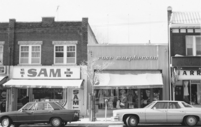 Sam the Record Man, Bloor and Jane, north side of Bloor, circa 1978. Currently, these two stores are a Booster Juice (just closed) and Cecil Ward menswear (in Bloor West Village since 1939). Swansea Historical Society Collection.