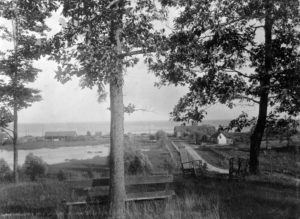 View south from from the Ellis grounds on Herne Hill shows the car barns for Lakeshore Street Cars (left), the Brydson house and the West Toronto Junction Pumping Station - and Lake Ontario.