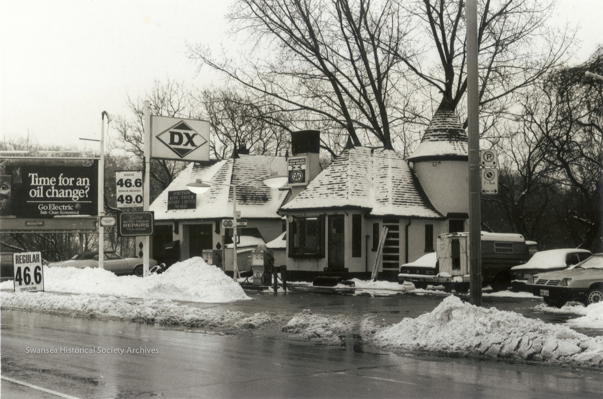 During the 1930s Joy Oil built 14 gas stations across the City (owned and operated by the Hercules Oil Co. of Detroit). The Toronto Historical Board was considering designating this particular station an historical site but it disappeared overnight. The only remaining station is at Windermere and The Lakeshore. Via Swansea Historical Society
